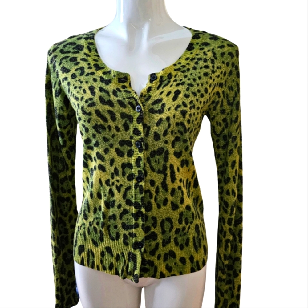 Jigsaw lurex cardigan in green and leopard print. Size 10-12 - Picture 1 of 7